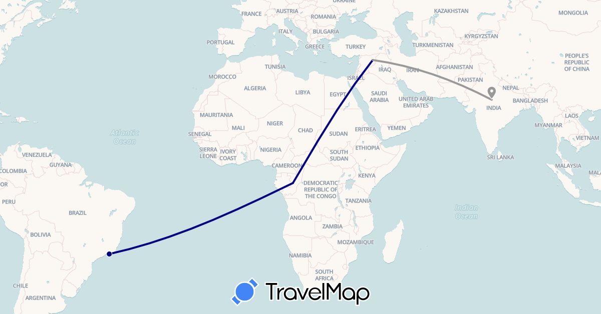 TravelMap itinerary: driving, plane in Brazil, Republic of the Congo, India, Syria (Africa, Asia, South America)